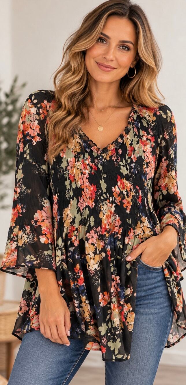 Spense Black Floral Boho Bell Sleeve Flowy Tunic Blouse Small